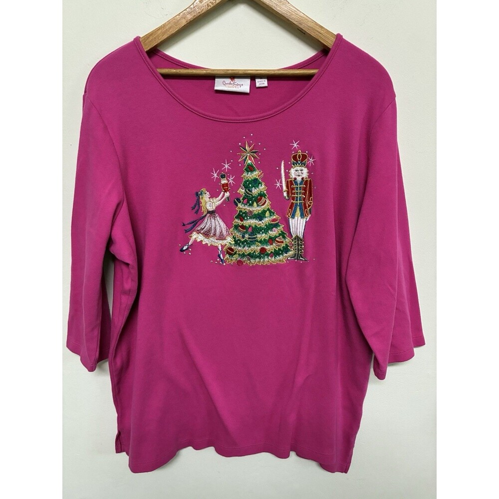 Quacker Factory Christmas Blouse Women’s 1X Hot Pink Nutcracker Embroidered